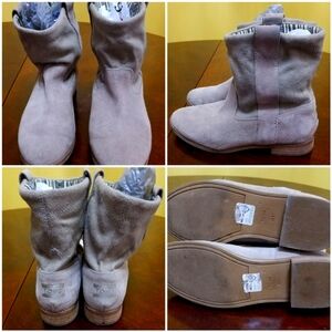 TOMS Laurel cream suede pull on ankle boots sz 8.50w stripe lining, flat heel.